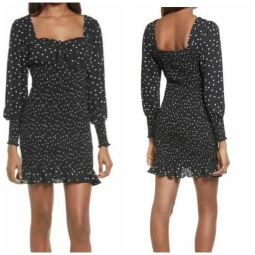 New Row A Women Black Polka Dot Smock Square Neck Long Sleeve Mini Dress Medium